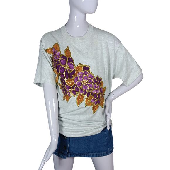 Vintage Single Stitch 90s Puffy Paint Handmade Tee X Large Gray Floral Graphic - Picture 1 of 9